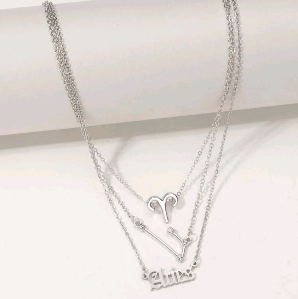 Zodiac 3 Piece Silver Tone Charm Necklace, Aries - Picture 2 of 4